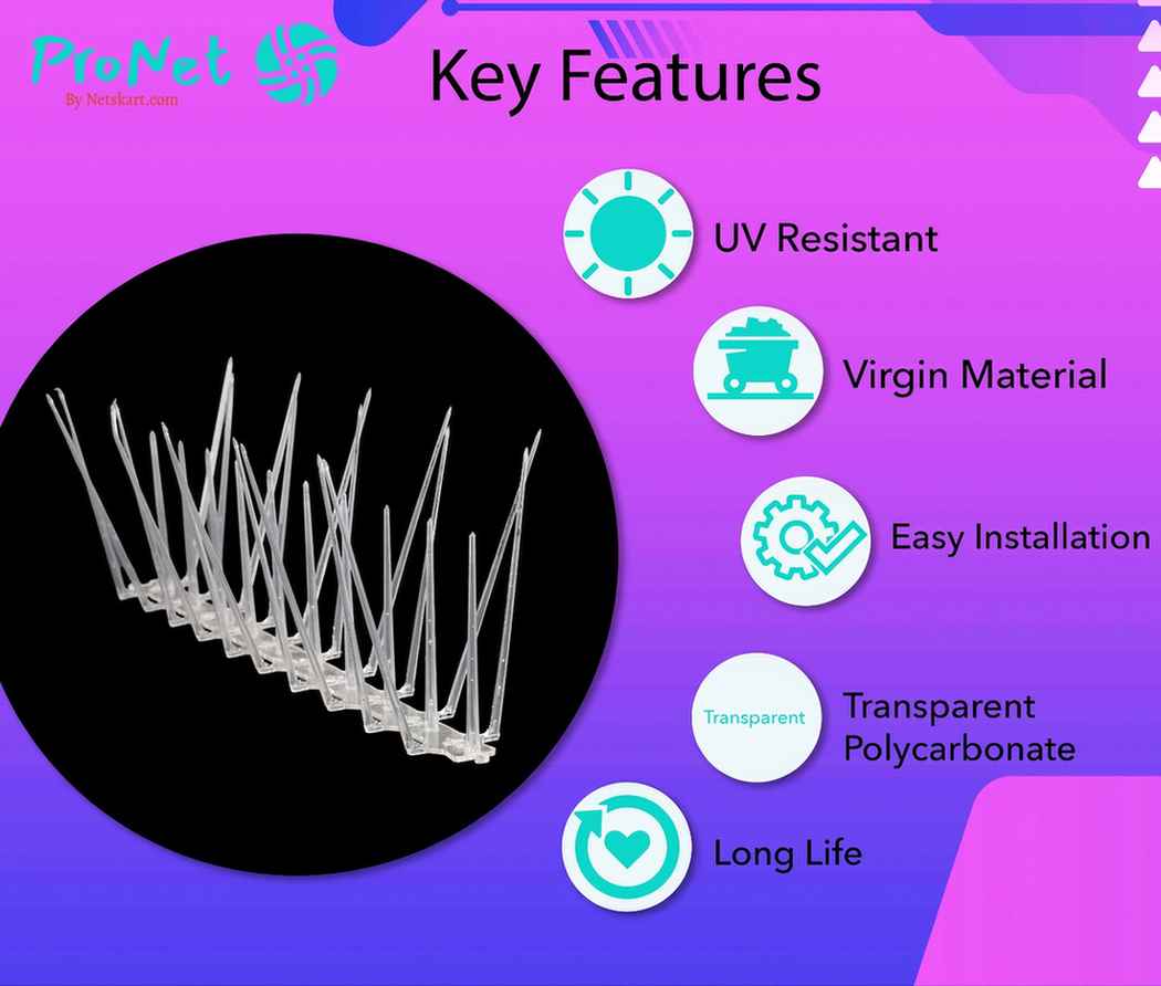 ProNet® Bird Spikes Pigeon Control Spikes, Polycarbonate Transparent 3 Row - Image 2